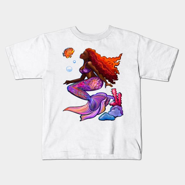 Beautiful Brown skin African American Mermaid. Black mermaid with flowing red hair. Afro locs. Great gift idea for mermaid lovers,Mermay,birthday gift for girls Kids T-Shirt by Artonmytee